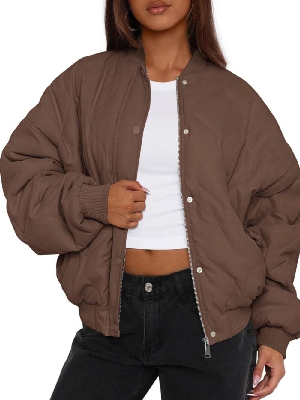 Women's Quilted Bomber Jacket Fall Cropped Zip up Puffer Coat Pockets Brown